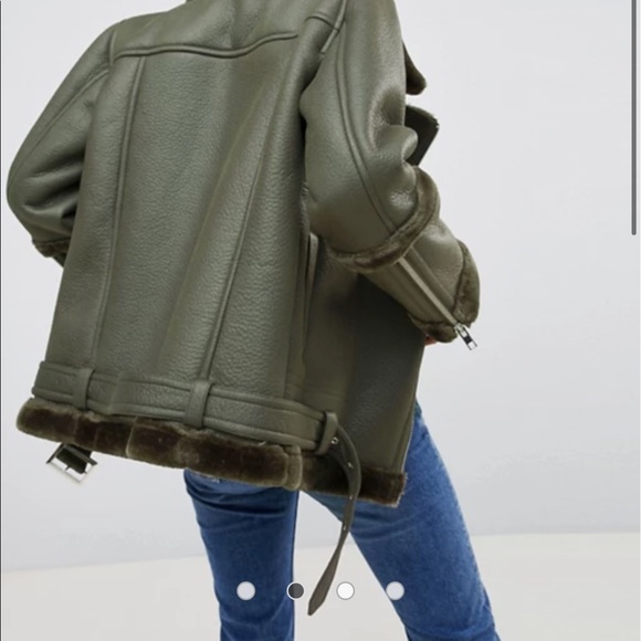 ASOS Faux Fur-Trim Aviator Jacket -Green- LIKE NEW - Picture 2 of 5